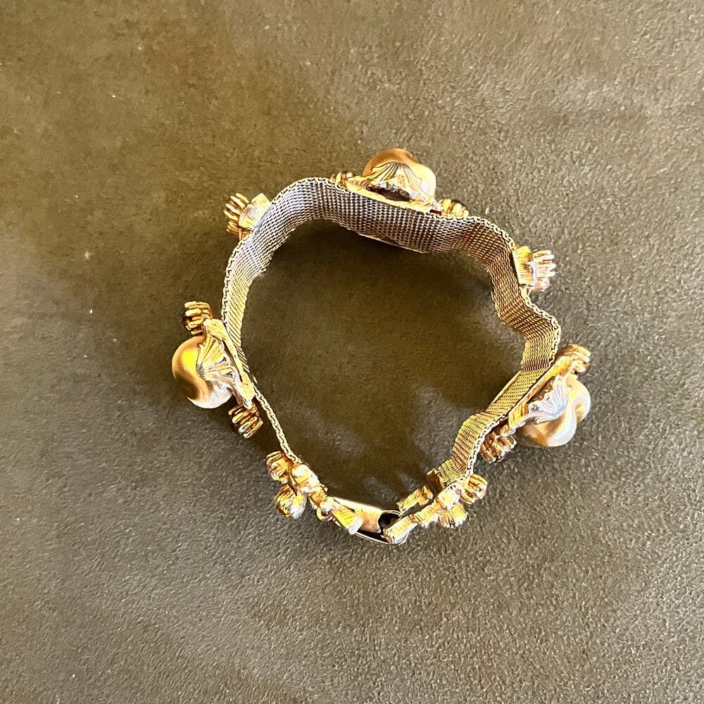 Vintage Gold Tone Mesh Faux Pearl and Rhinestone Bracelet - Picture 8 of 16